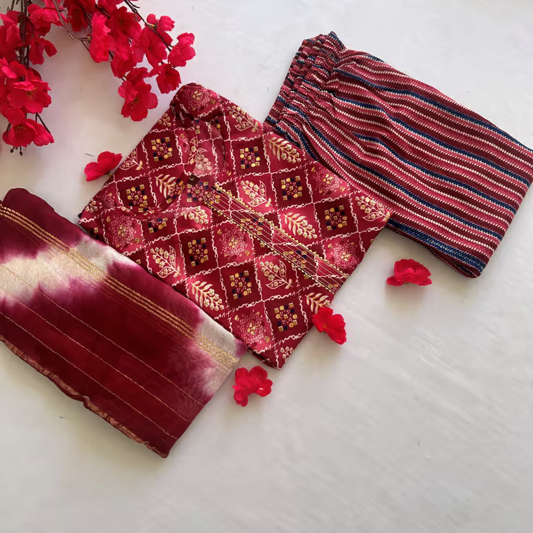 Deep Orange Geometric Floral Print Kurti Set