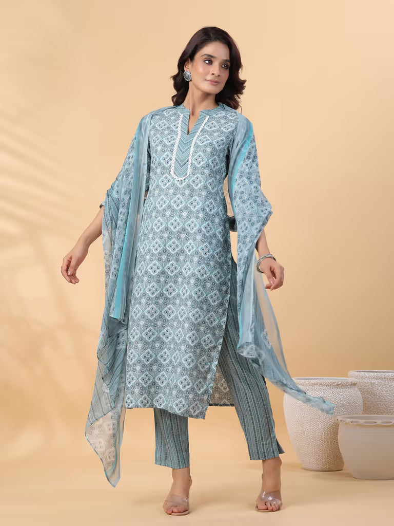 Green Shade Geometric Print Kurti Set
