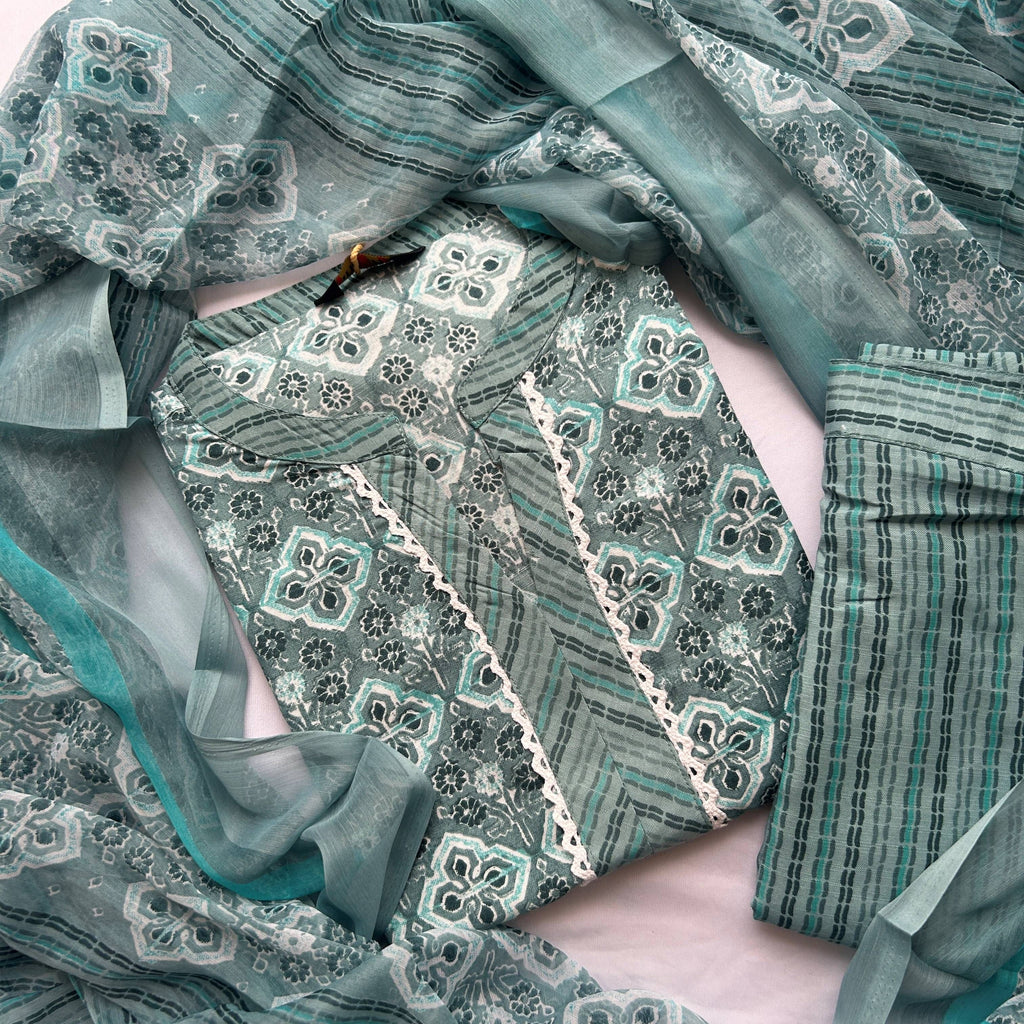 Green Shade Geometric Print Kurti Set