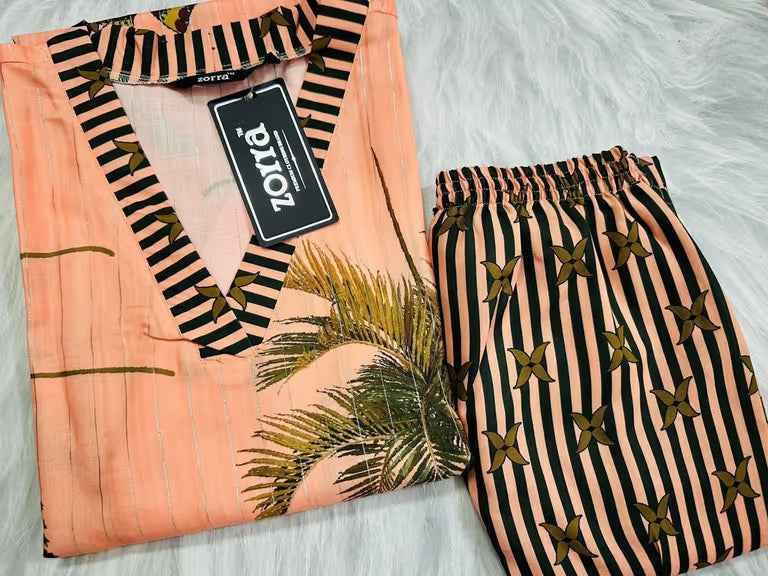Peach Color Brown And Black Strips Kurti Set
