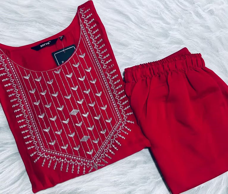 Vibrant Red Silver Embroidery Kurti Set