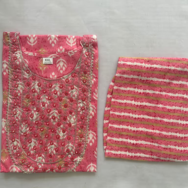 Pink Base White Motifs Pattern kurti Set