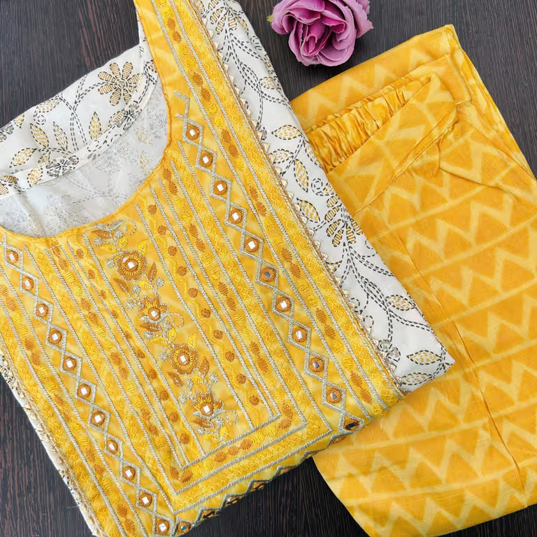 Sunny Shade Yellow Mirror Work Kurti Set