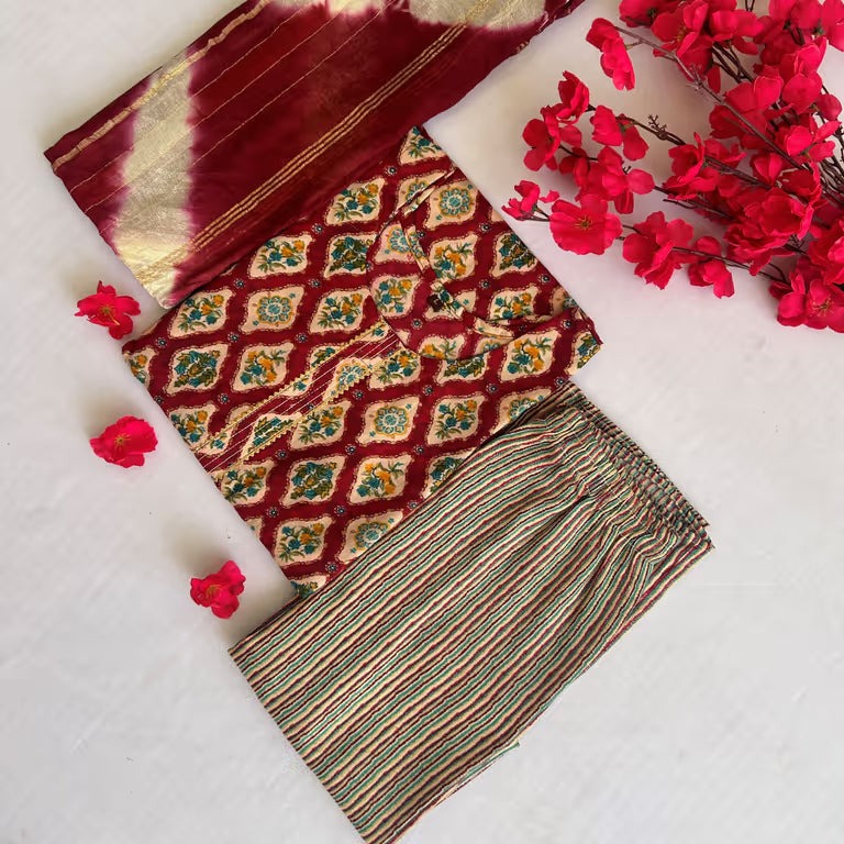 Red Maroon Block Print Kurti Set