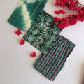 Green Tie Dye Golden Stripes Pattern Kurti Set