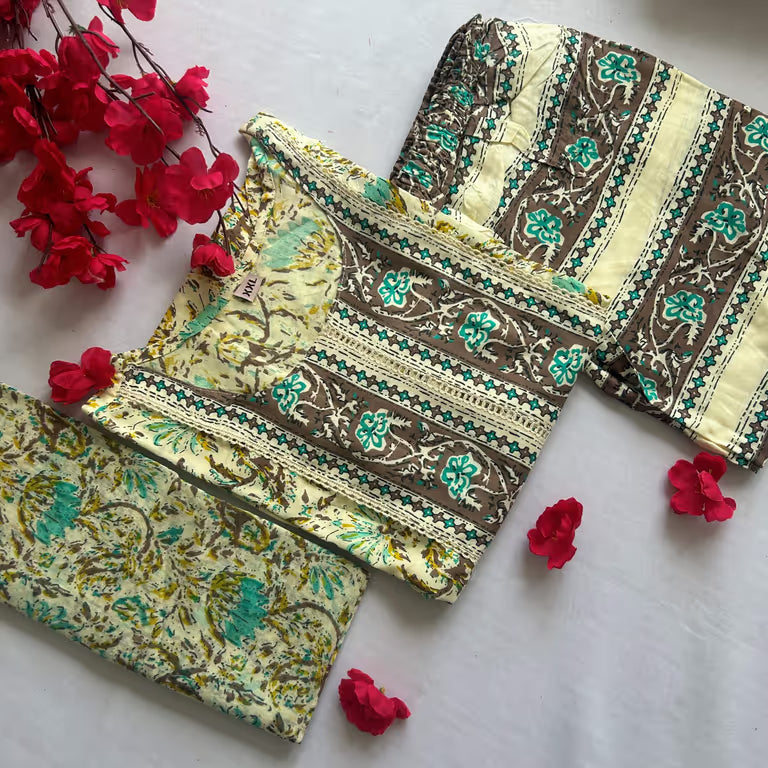 Muted Off White Green Flower Print Kurti Set