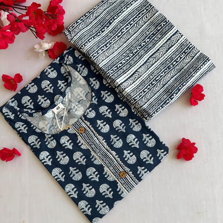 Deep Navy Blue Block Leafy Print Kurti Set