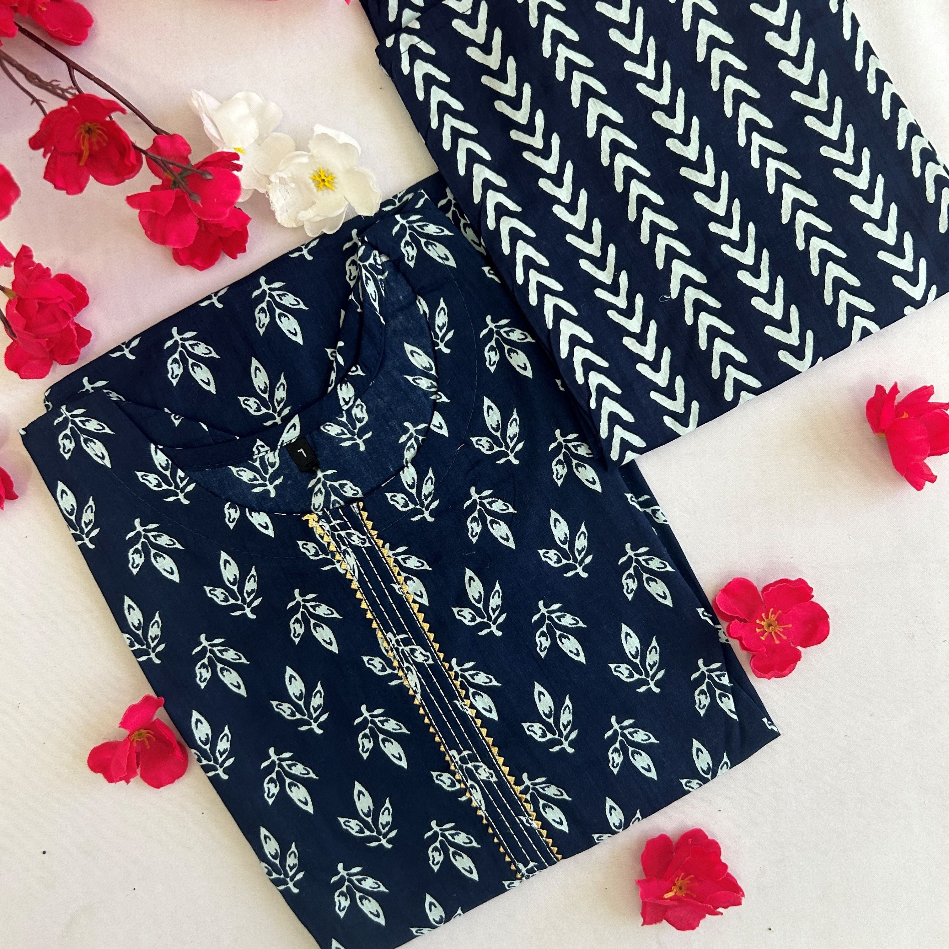 Navy Blue Distinctive Leafy Print Kurti Set