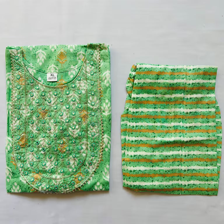 Green Subtle Golden Accent Kurti Set