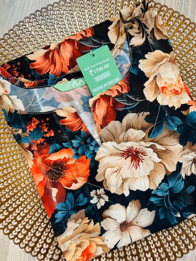 Black Floral Flower Print Kurti