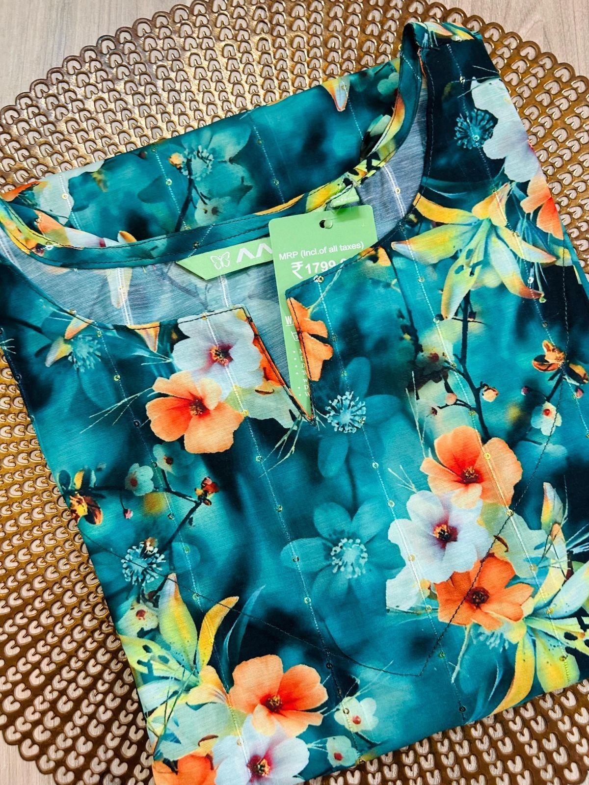Dark Teal Floral Flower Print Kurti