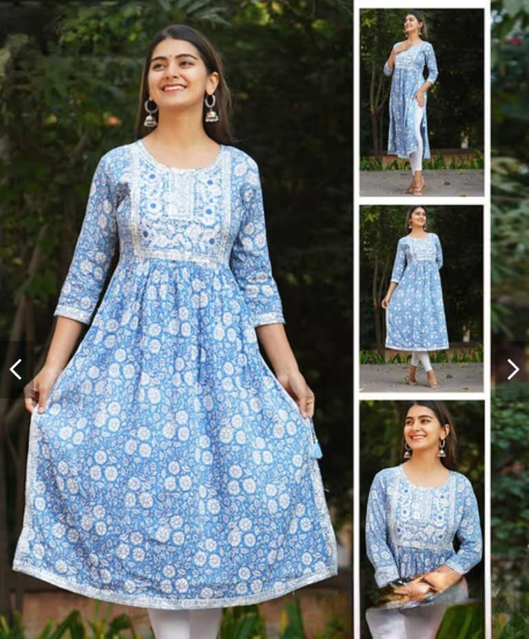 Soft Sky Blue White Floral Embroidery Kurti