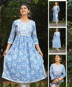 Soft Sky Blue White Floral Embroidery Kurti