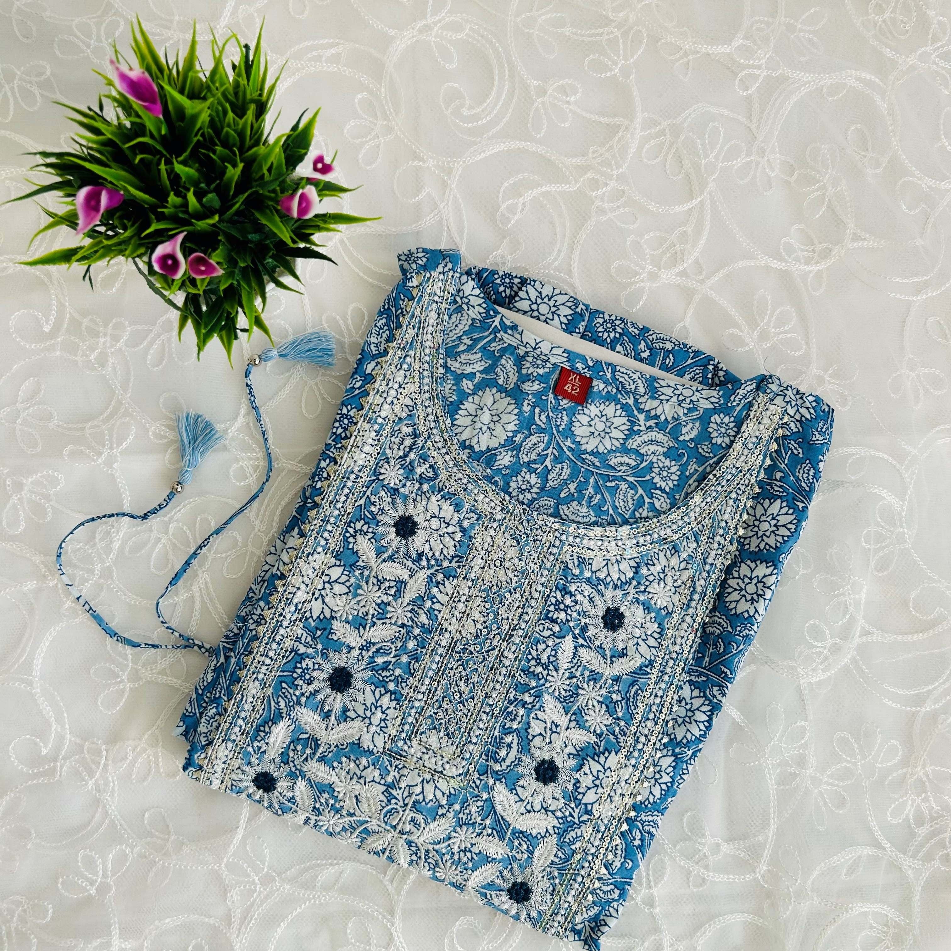 Soft Sky Blue White Floral Embroidery Kurti
