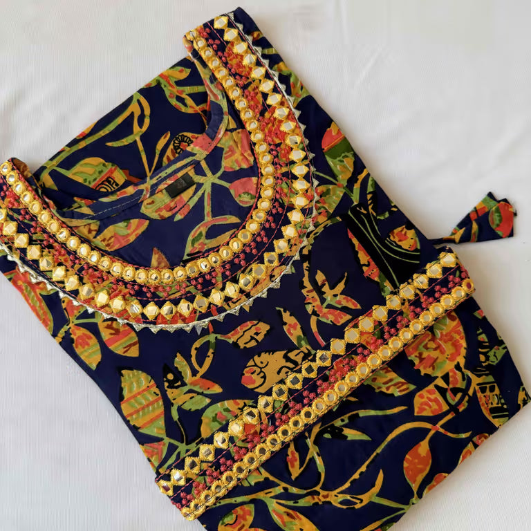 Navy Blue With MultiColour Print Umbrella Kurti