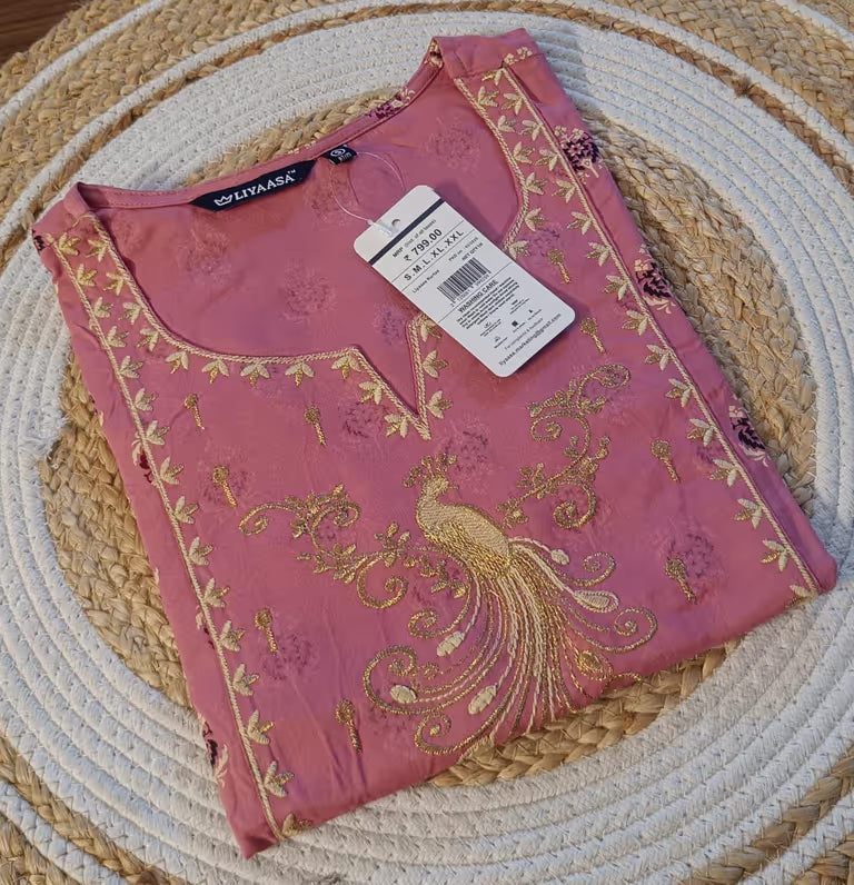 Rose Pink Peacock Embroidered Kurti