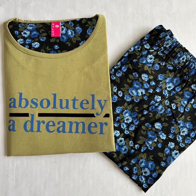 Olive Green With Blue Floral Night Wear