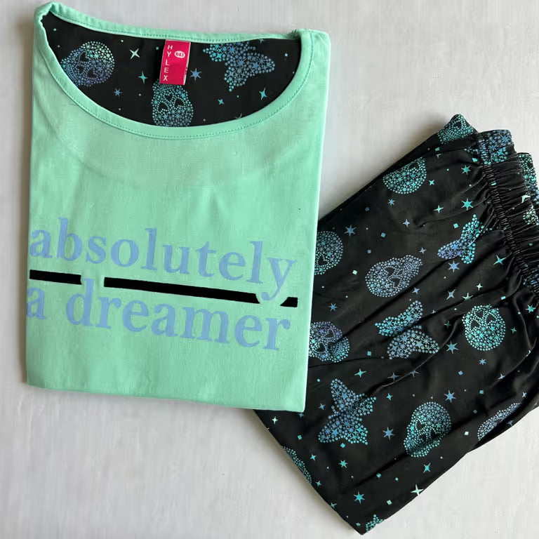 Aqua Blue With Printed floral Night Wear