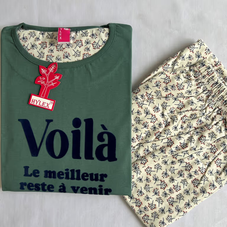 Muted Green Printed Night Wear