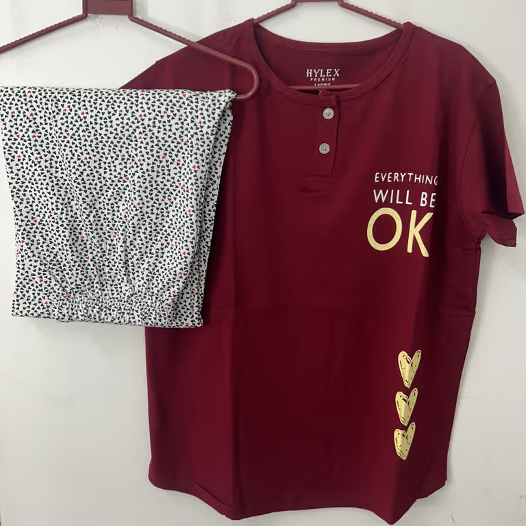 Burgundy Heart Print Night Wear