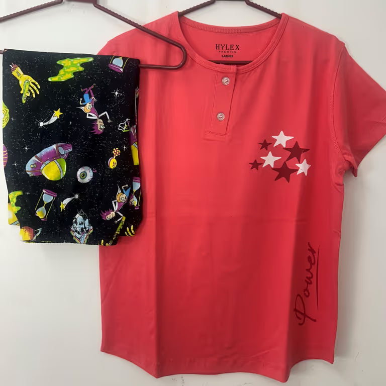 Pink Colour Cluster Star Print Night Wear