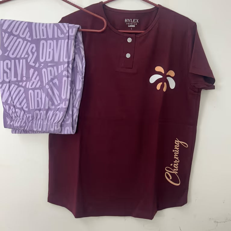 Deep Maroon Abstract Print Night Wear