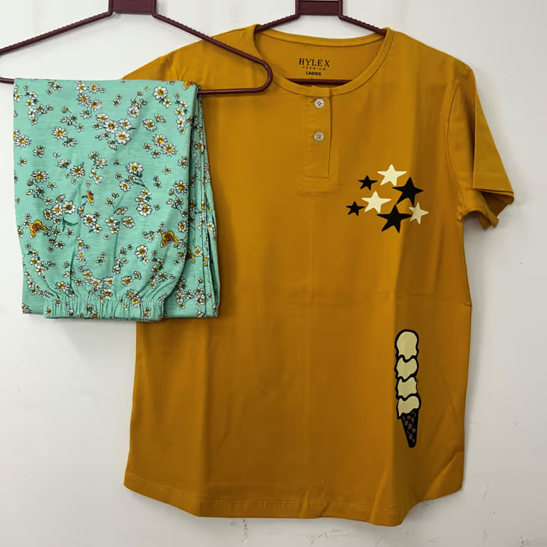 Mustard Yellow Cluster Print Night Wear