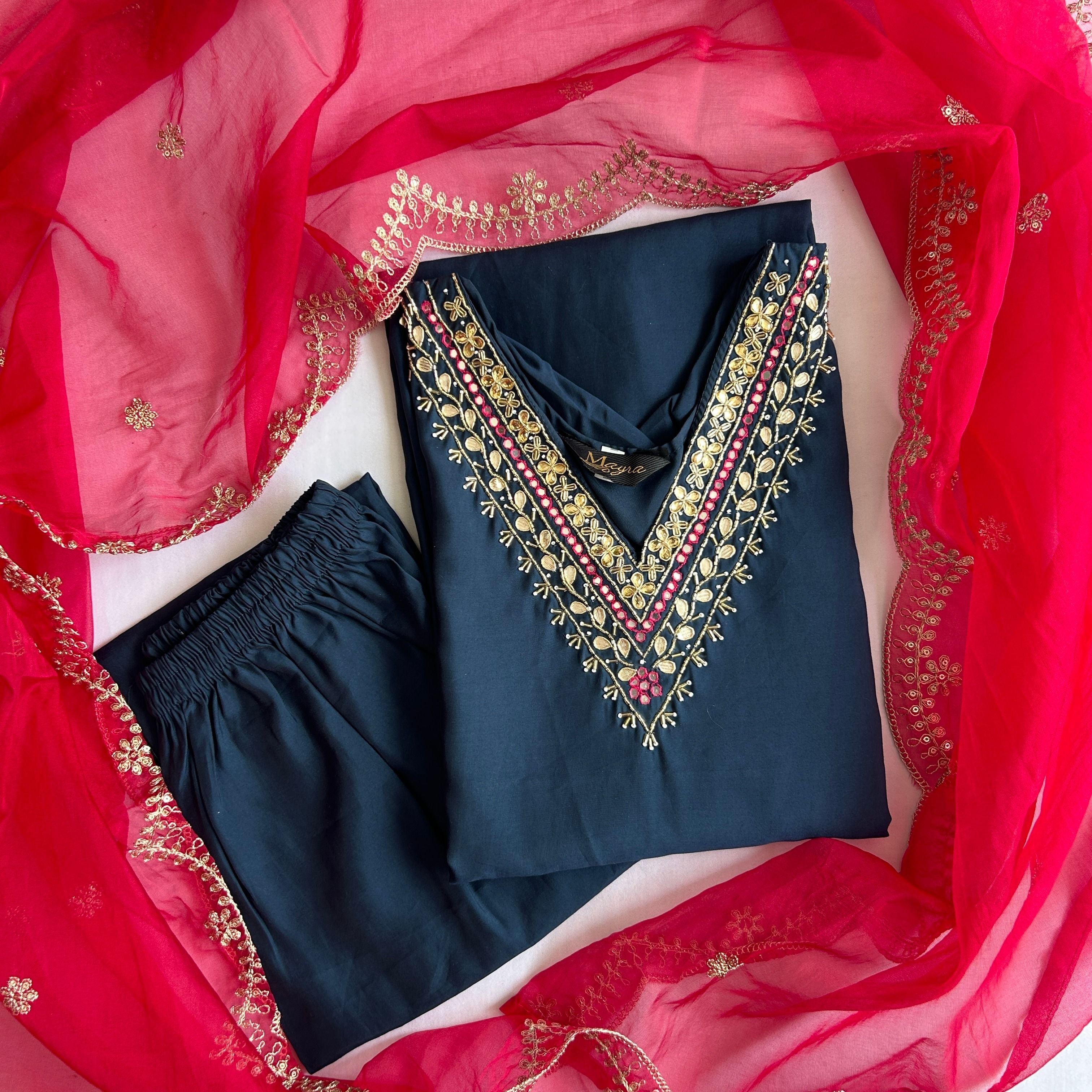 Navy Blue Kurti With Bright Red Organza Dupatta