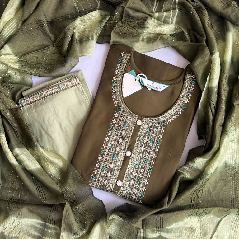 Rich Olive Green Kurti With Soft Pistachio Shade Dupatta