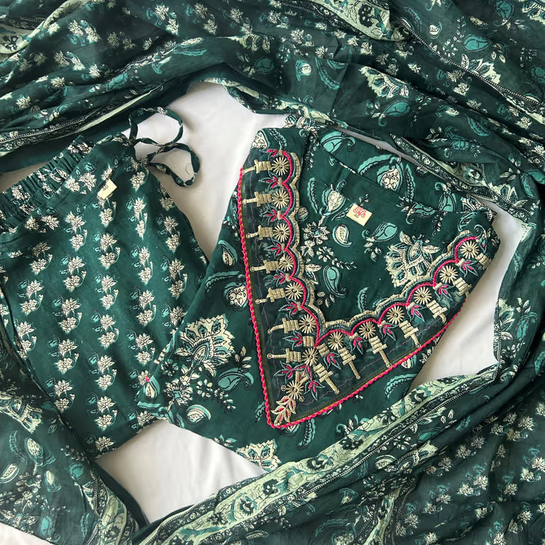 Dark Teal Green Floral Kurti Set