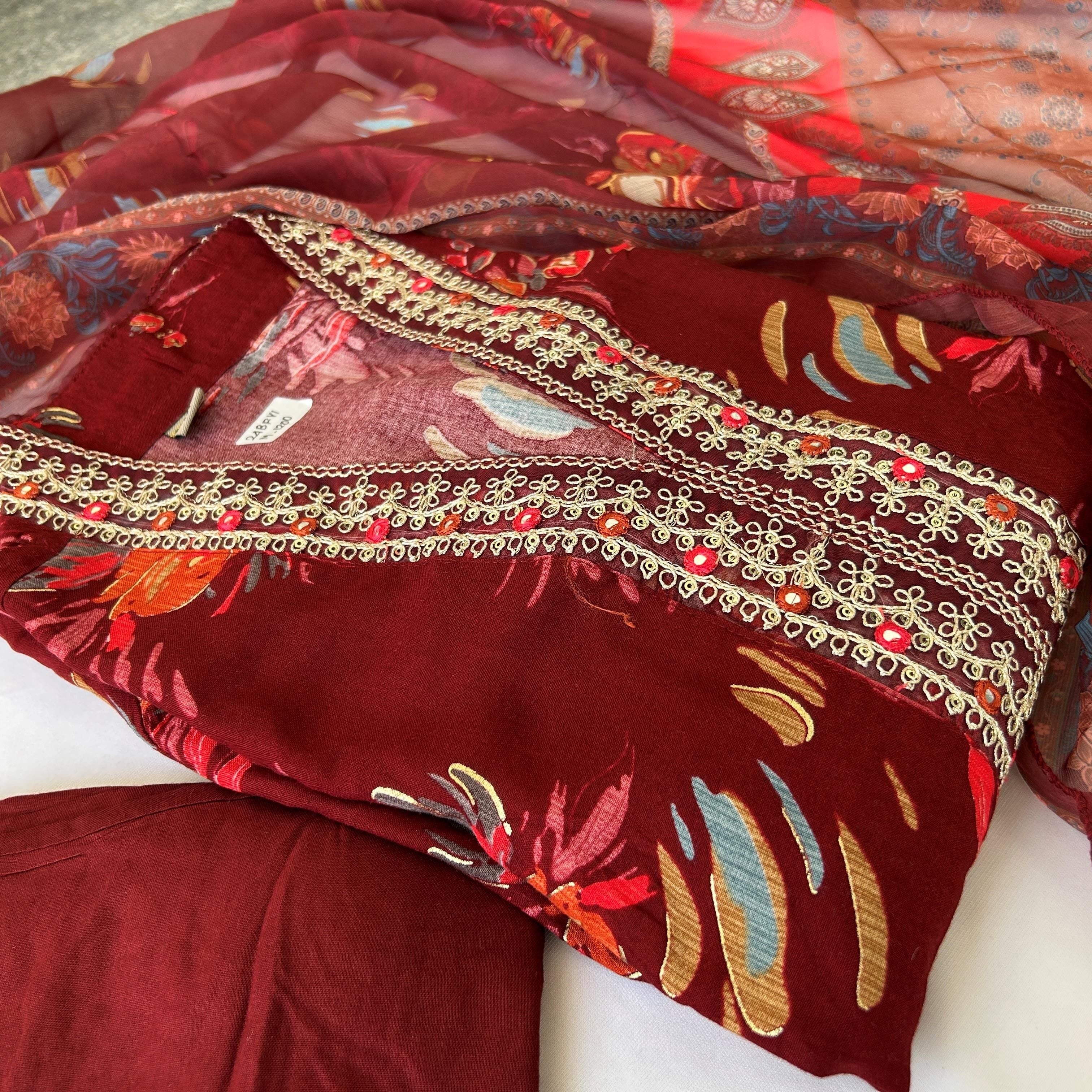 Rich Maroon Multicolored Kurti Set