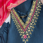 Navy Blue Kurti With Bright Red Organza Dupatta
