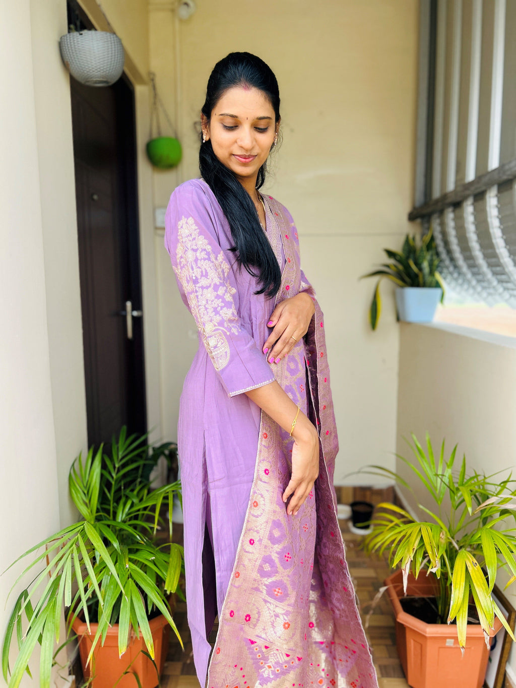 Mauve Color Golden Embroidery Kurti Set