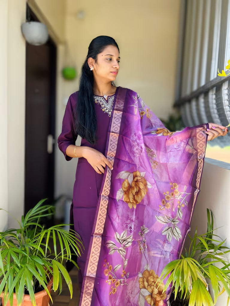 Rich Purple Embroidery Kurti Set