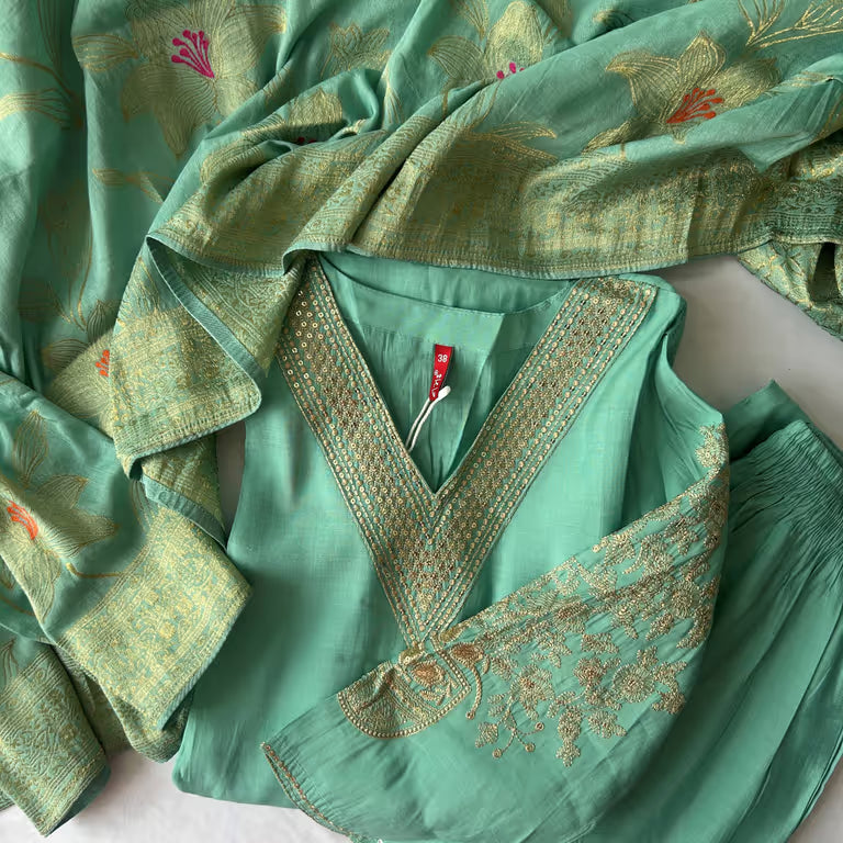 Pastel Green Golden Threads Kurti Set