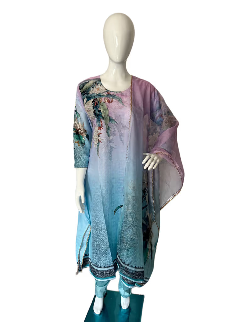 Light Blue Vibrant Flower Print Kurti Set