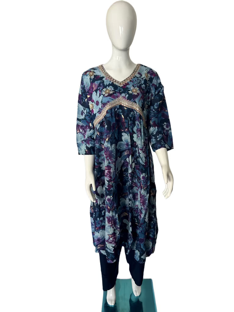 Blue  Purple Mixed Flower Print Kurti Set