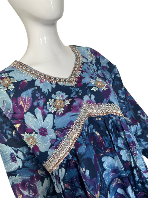 Blue  Purple Mixed Flower Print Kurti Set