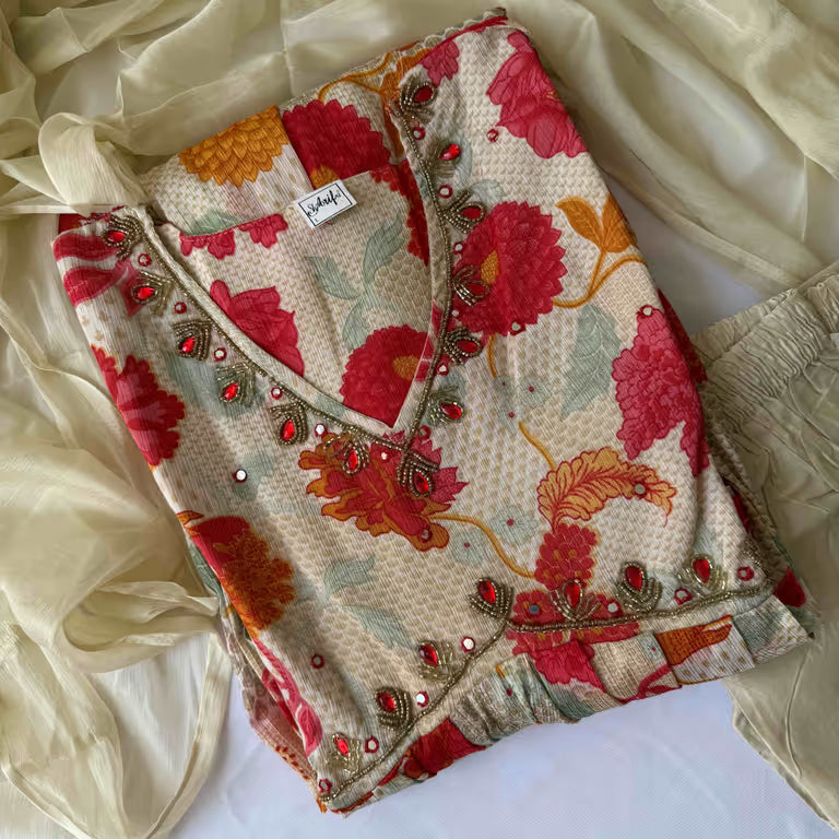 Cream Colour Flower Print Kurti Set