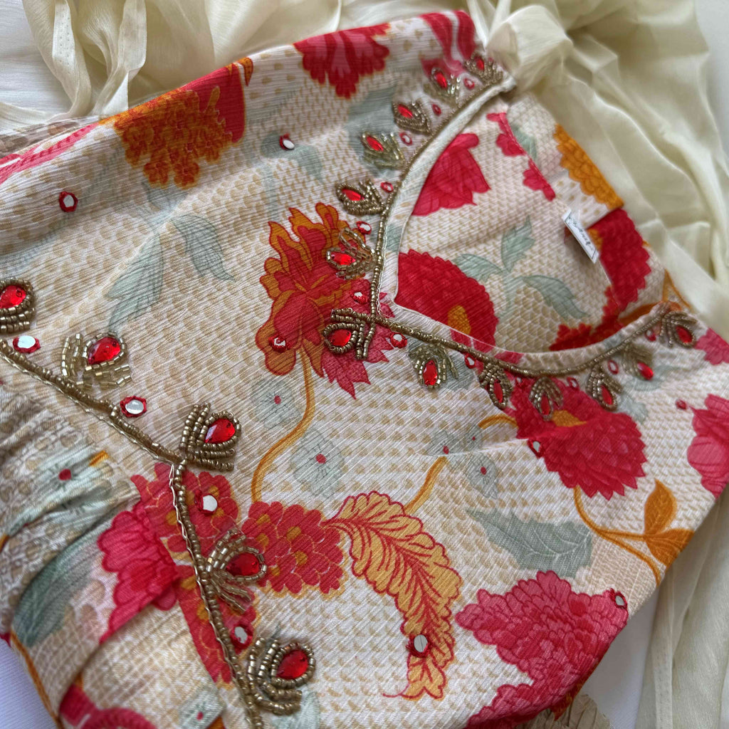 Cream Colour Flower Print Kurti Set