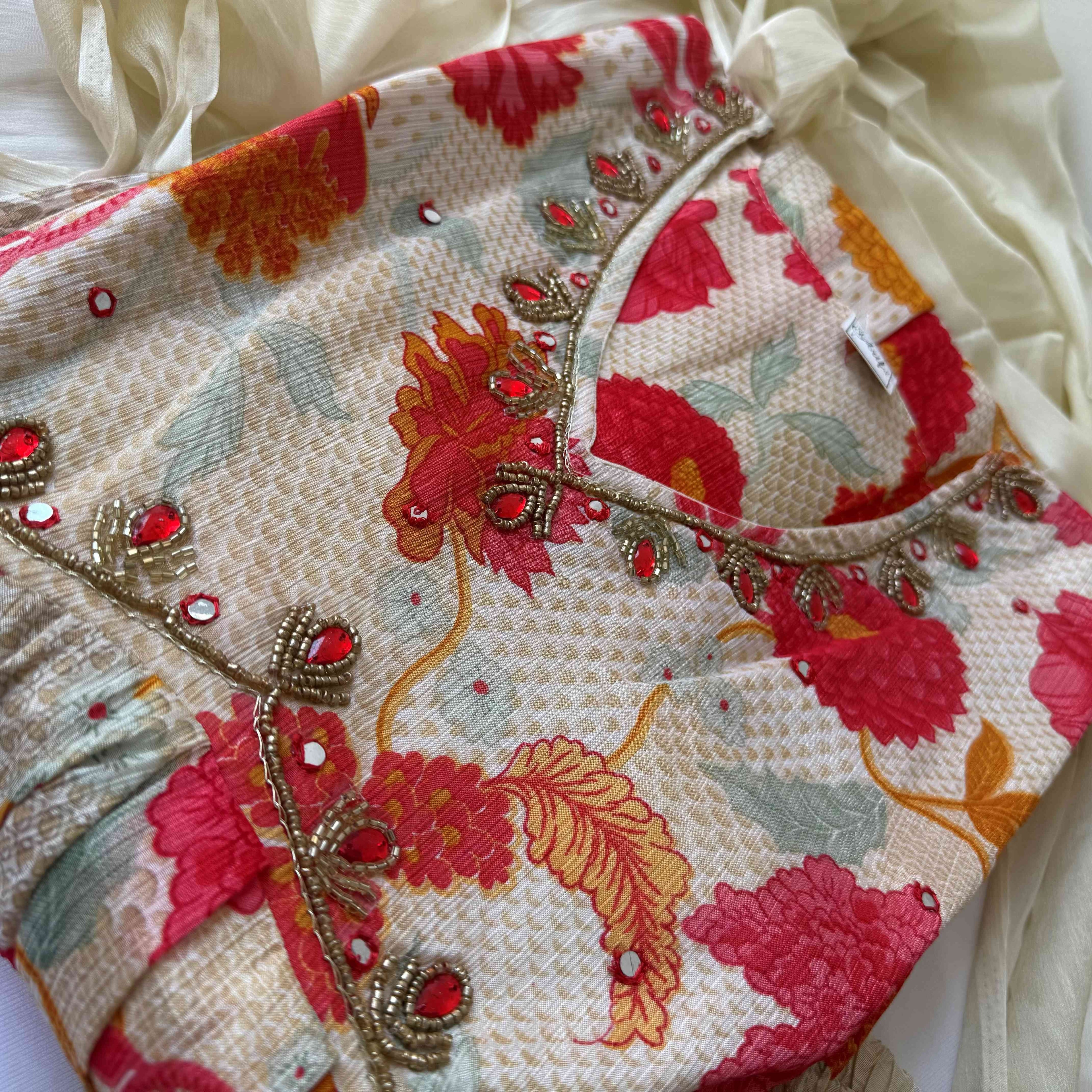 Cream Colour Flower Print Kurti Set