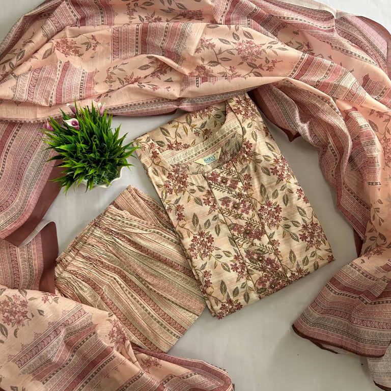 Beige Maroon And Green Floral Print Kurti Set