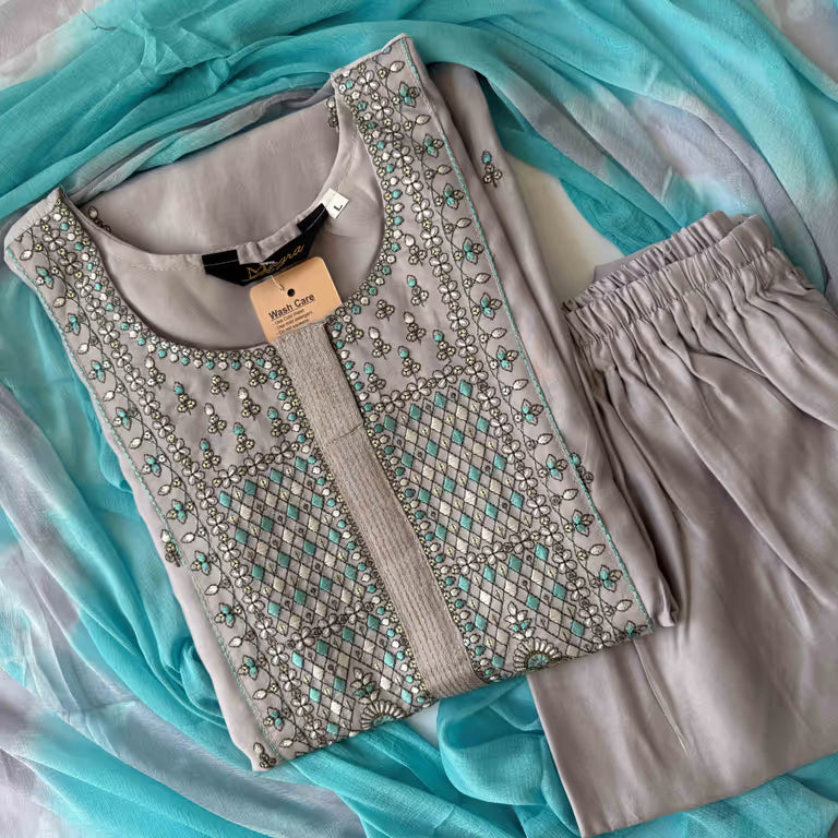 Pinkish Gray Silver Embellishment Kurti Set