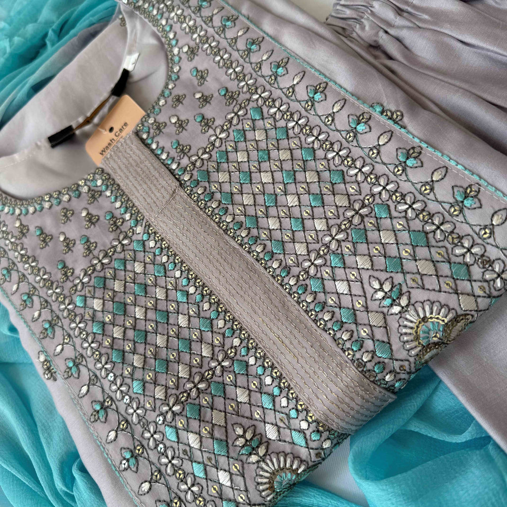 Pinkish Gray Silver Embellishment Kurti Set