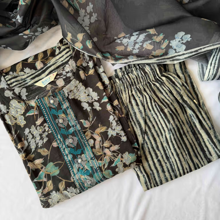 Deep Black Soft Floral Print Kurti Set