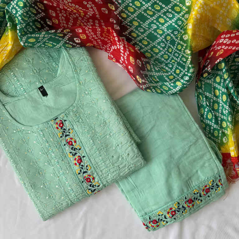 Light Pastel Green Tone Thread Kurti Set