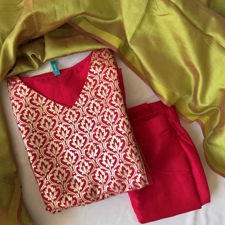 Pink Golden White Intricate Floral Kurti Set