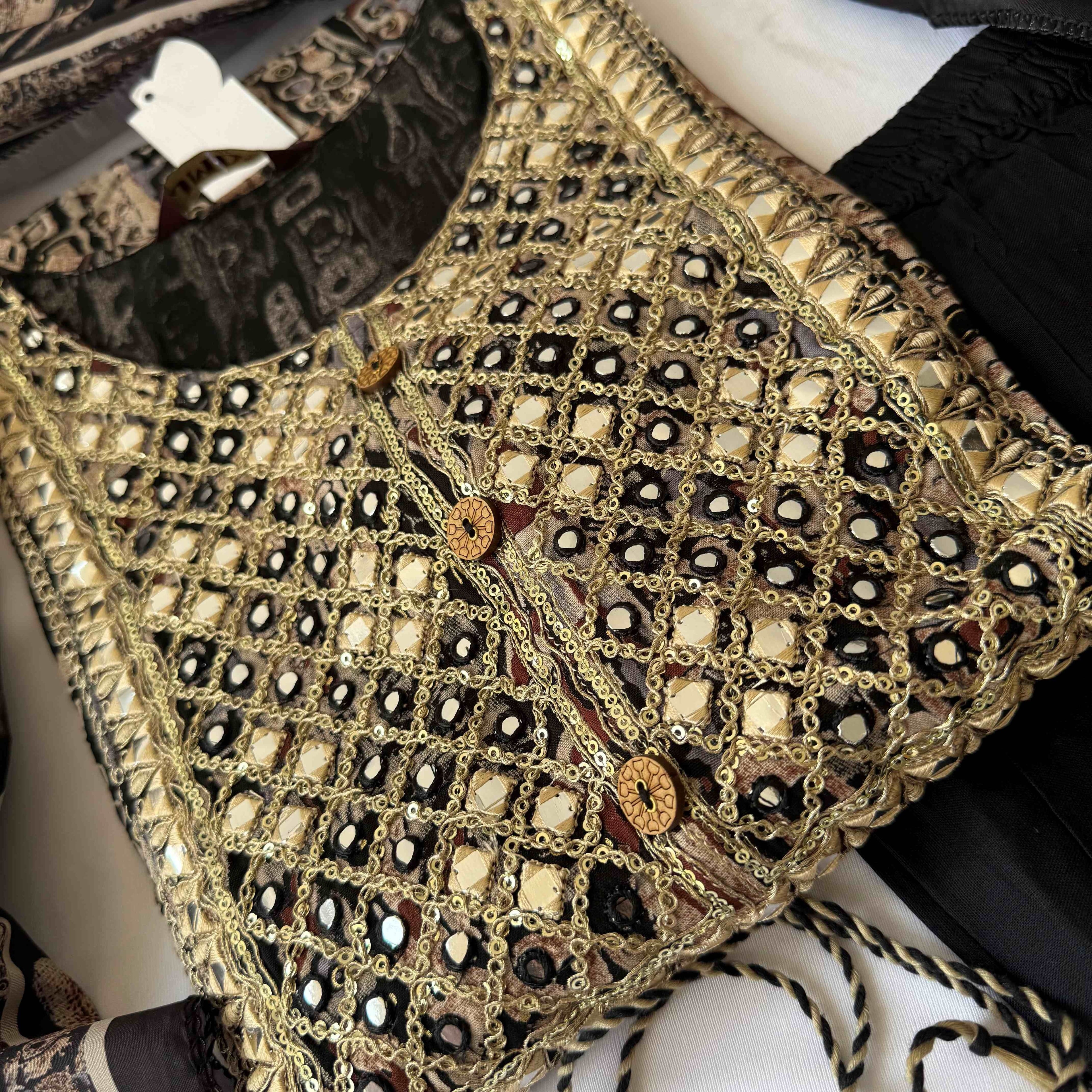 Black Golden Mirror Work Umbrella Kurti Set