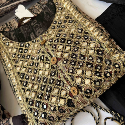 Black Golden Mirror Work Umbrella Kurti Set