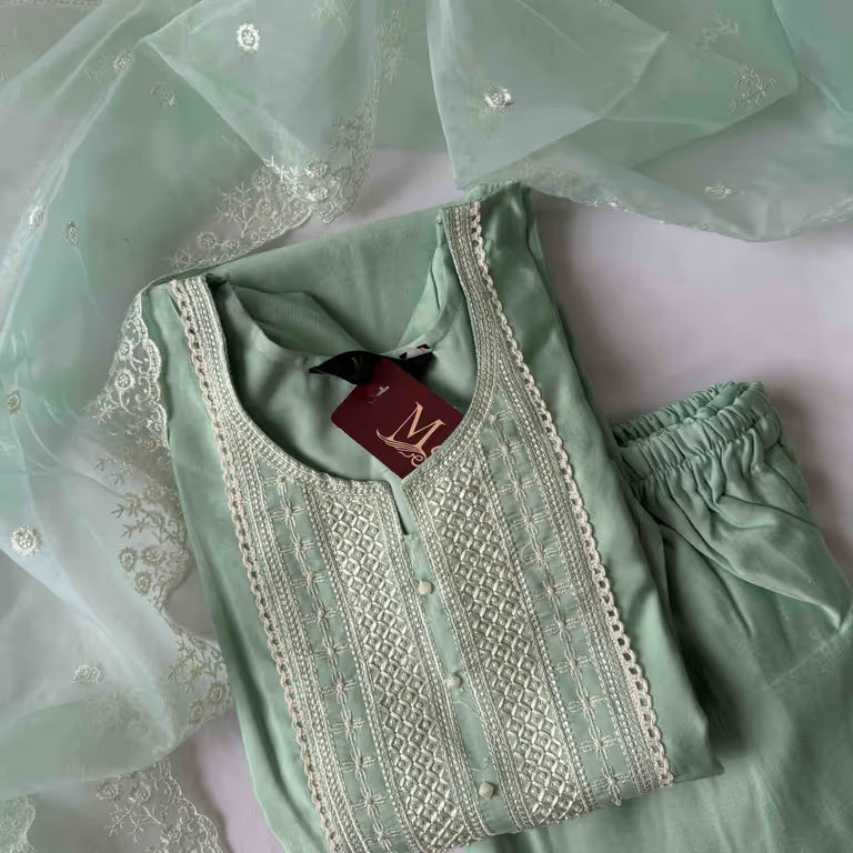 Pastel Mint Green Thread Embroidery Kurti Set